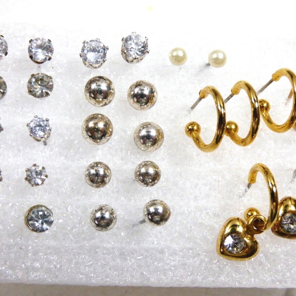 Mixed Lot Of 14 Fancy Fashion Solitaire Cz Pearl Ball Stud & Hoop Earrings